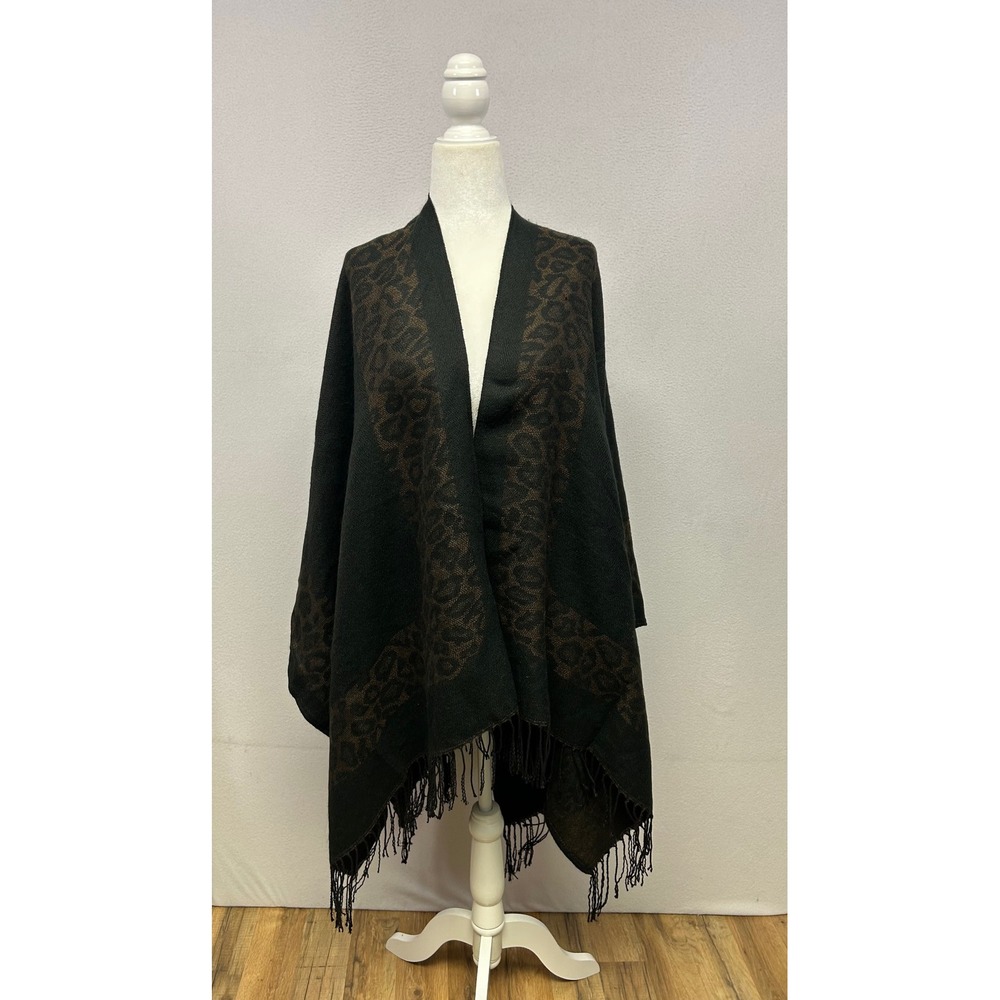 Boho Leopard Print Women One Size Brown Black Fringed Poncho Wrap Shawl Cape